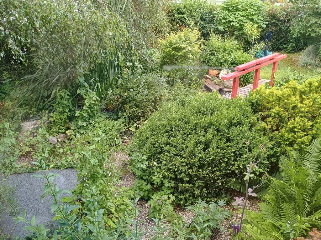 Grüner Garten mit Holzbrücke, Teich und Naturweg